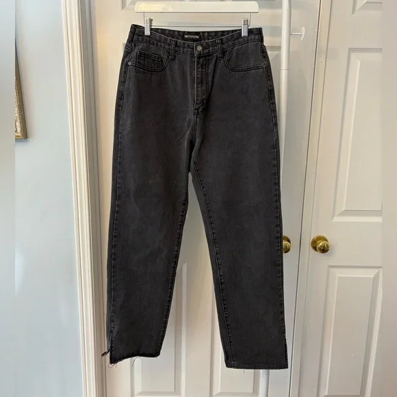 Pretty Little Thing PLT Highrise Straight Leg Black Jeans Leg Slit - Picture 10 of 10